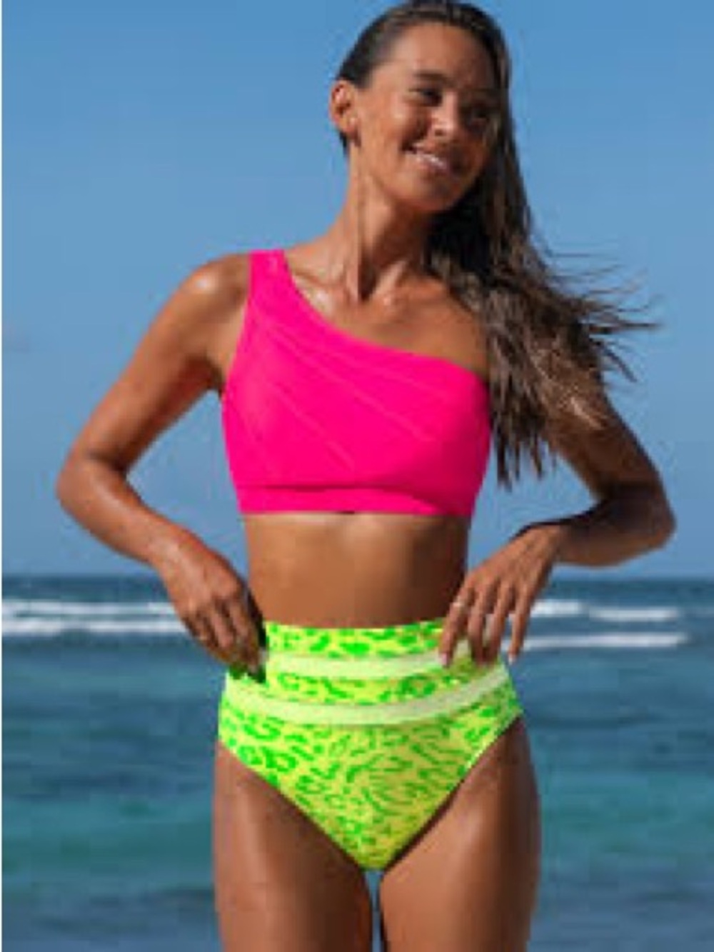 One-Shoulder Neon Pink Bikini Top with High-Waist Lime Patterned Bottom